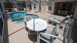 Sunny pool deck with 5 sun loungers plus 2 patio tables with total of 6 chairs - www.iwantavilla.com is your first choice of Villa rentals in Orlando direct with owner