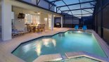 Villa rentals in Orlando, check out the View of pool & spa towards covered lanai at twilight