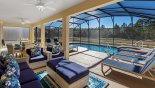 Villa rentals in Orlando, check out the Covered lanai with soft seating area and outdoor dining space