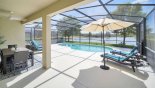 Villa rentals in Orlando, check out the View of pool from covered lanai - parasol provided for shade on pool deck